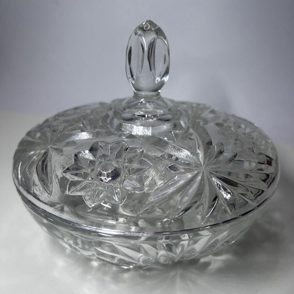 Vintage Clear Pressed Glass Covered Candy Dish Round Starburst Pinwheel 7" AS-IS